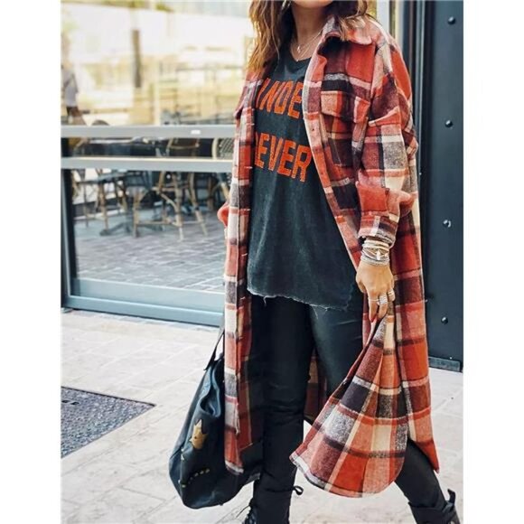 Red Plaid Print Oversized Button Down Long Midi Trench Flannel Jacket Coat - Picture 2 of 7